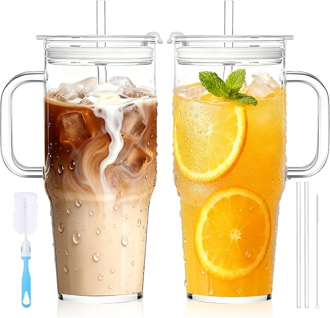 Birity 2Pack 40OZ Glass Tumbler with Handle,Glass Cup with Lid and Straw,Reusable Glass Iced Coffee Cup for Beer, Smoothies, Juice,Hot/Cold Drinks-Suitable for Birthday,Wedding