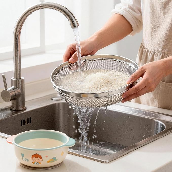 Fine Mesh Strainer for Kitchen, Stainless Steel Colander Bowl for Pasta, Rice, Fruit, Metal Net Baskets with Resting Base - Strain, Drain, Rinse (Diameter 9.84 inch)