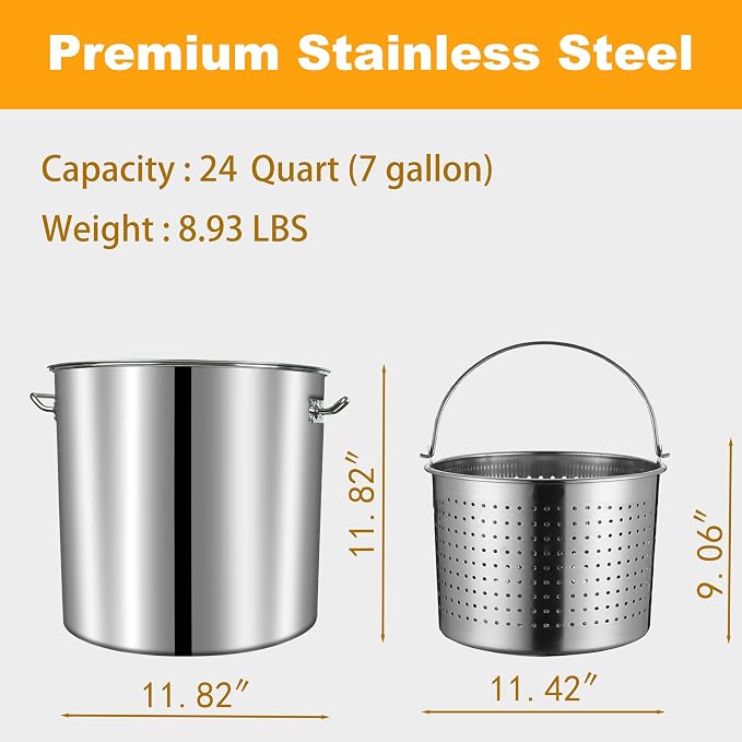 24-Quart Stainless Steel Seafood Stockpot with Basket, Crawfish, Crab, Lobster Boil StockPot, Shrimp Boil Stock Pot with Strainer, Turkey Fryer Pot,27L,7Gallon