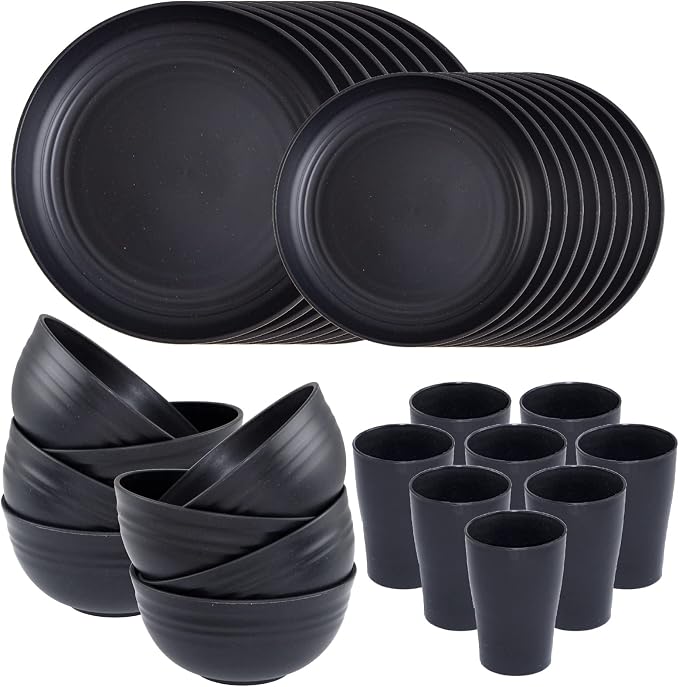 32-Piece Black Wheat Straw Dinnerware Sets, Unbreakable Dish Sets | Durable plastic dishes and reusable plates set for kitchen, ideal for camping, parties, RVs, and everyday family dinners.