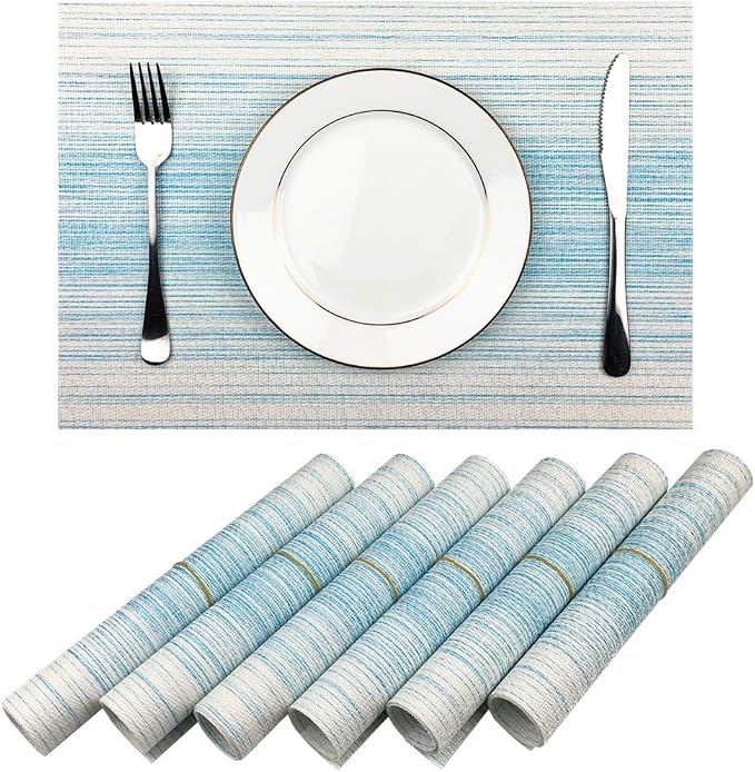 WAZAIGUR Placemats Set of 6, Woven Vinyl Table Placemats, Blue with White | Placemat, Blending Color Durable Washable Place Mats Indoor Outdoor Heat-Resistant Anti-Skid Kitchen Dining Table Mats
