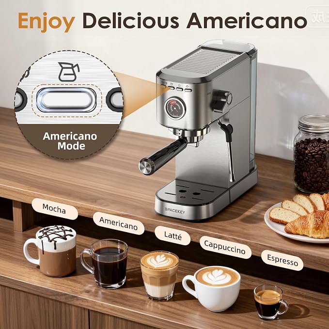 Spacekey Espresso Machine with Milk Frother, 20 Bar Compact Expresso Coffee Machines for Home, Stainless Steel Espresso Maker with 39oz Removable Water Tank for Cappuccino Latte, Fast Heating, Silver