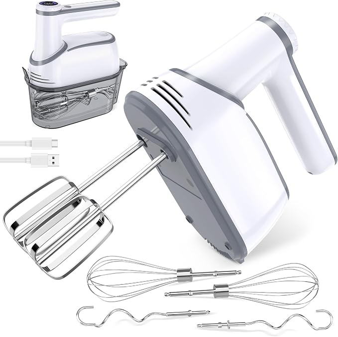binROC Cordless Electric Hand Mixer, 12-Speed with Storage Case, White | Rechargeable, Eject Button, LED, Self-Stand, 6×304 Stainless Attachment, Overheat Protection, Quiet for Baking Dough Cake Egg