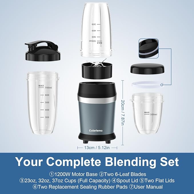 Colarlemo 1200W Smoothie Blender, Personal Kitchen Blender, Ice Crushing | 25000 RPM, Dishwasher Safe, 12Pcs, 6-Leaf Blade×2, 3 Cup Sizes, Smoothie Maker Grinder Frozen Drinks Nuts, Ash Blue
