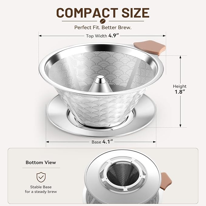 Pour Over Coffee Dripper, W60 Style Stainless Steel Coffee Filter, Paperless Reusable Coffee Filter, Metal 600 Mesh Strainer Coffee Maker Single Cup Brewer 1-2 Cup