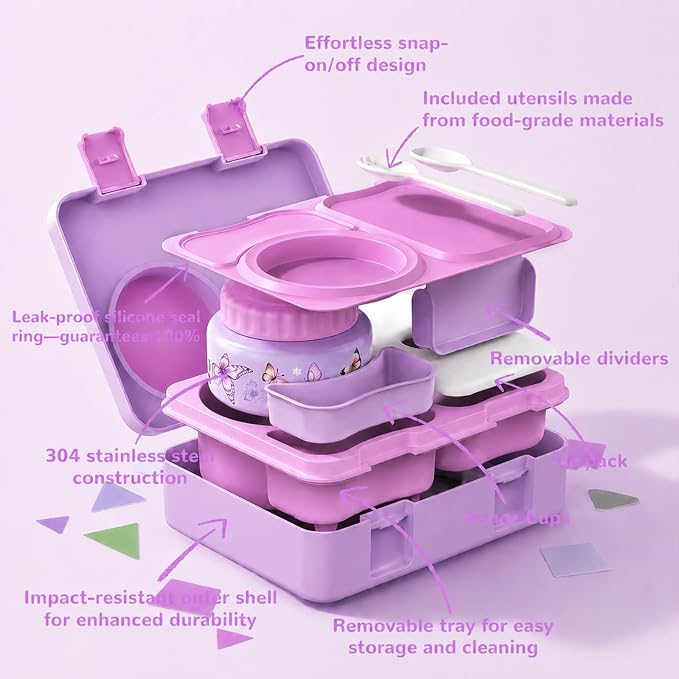 Bento Box for Kids, Leakproof Kids Lunch Box with 8.5OZ Thermo Food Jar & Lunch Bag, 3-4 Compartments Toddler Insulated Lunch Box for Girls, BPA Free Lunch Containers for School Daycare