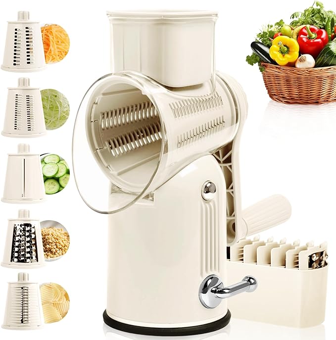 Rotary Cheese Grater with Handle, 5 Replaceable Blades(White) | Strong Suction Base, Round Food Slicer & Chopper for Kitchen Fruit Vegetables Nuts with Blade Storage Box