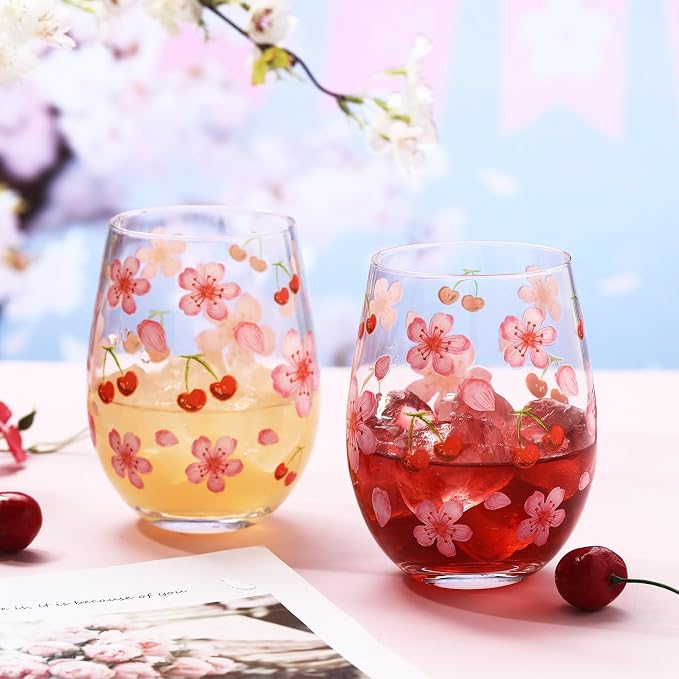Sliner 2 Pack 17oz Cherry Blossom Stemless Wine Glasses Cherry and Flower Drinking Glasses Floral Tumbler Cups for Women Wedding Birthday Gift Parties Supplies