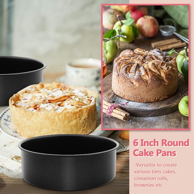 E-far 6 Inch Cake Pans, 3PCS Nonstick Stainless Steel Round Cake Pans | Small Baking Tins for Layer Cakes, Stainless Steel Core & Non-toxic Coating, Straight Side & 2 Inch Deep, Easy Clean