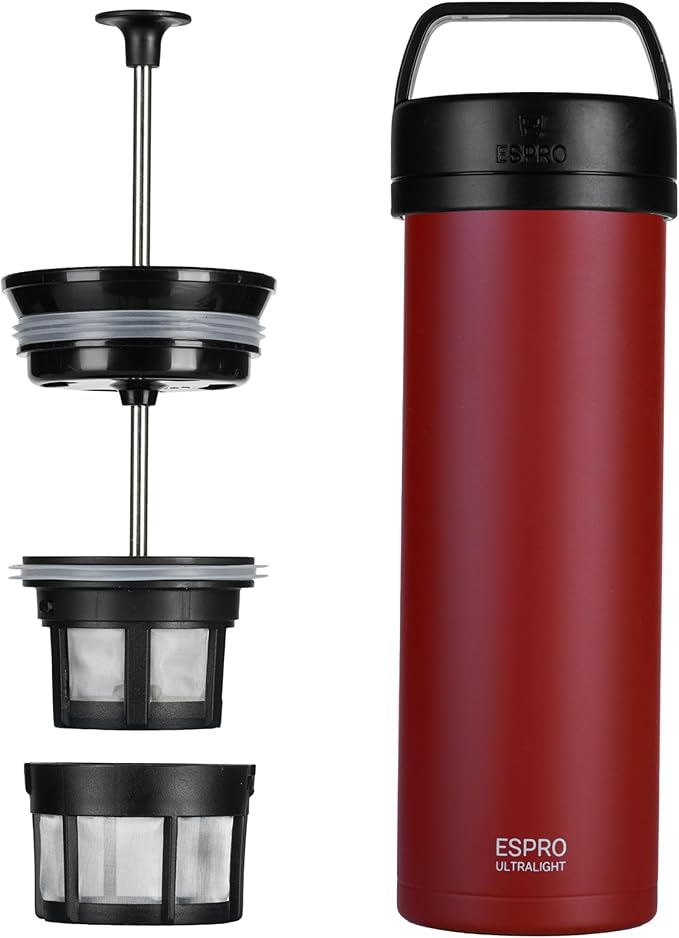 ESPRO Go P0 Ultralight French Press Coffee Maker for Travel, Vacuum Insulated Stainless Steel, 16 Ounces, Cranberry