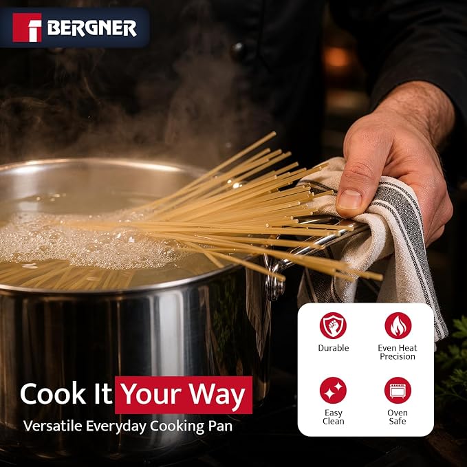 Bergner Argent Collection 4.5 Quart Tri-Ply Stainless Steel Dutch Oven with Tempered Glass Lid - Even Heat Distribution, Riveted Stay-Cool Handle, Induction Compatible, Dishwasher Safe