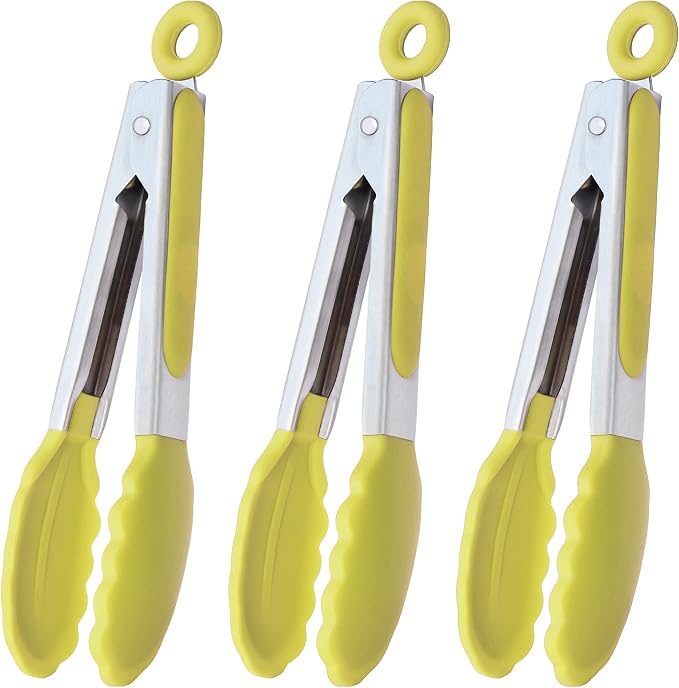 HINMAY Small Appetizer Tongs 7" Silicone Kitchen Tongs, Set of 3 (Yellow)