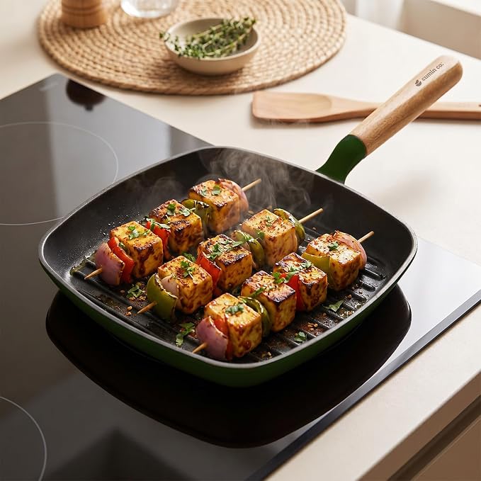 CUMIN CO. Enameled Cast Iron Grill Pan 10 Inch, 1.2 QT Grill Skillet – Non Toxic PFAS Free Cookware – 4 Layer Enamel Coating – Indoor Grill Pan for Steak, Chicken, Burgers & Vegetables (Green)