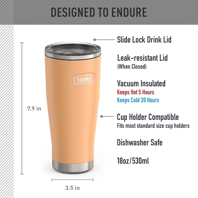 THERMOS ICON SERIES, Stainless Steel Tumbler with Slide Lock, 18 Ounce, Melon