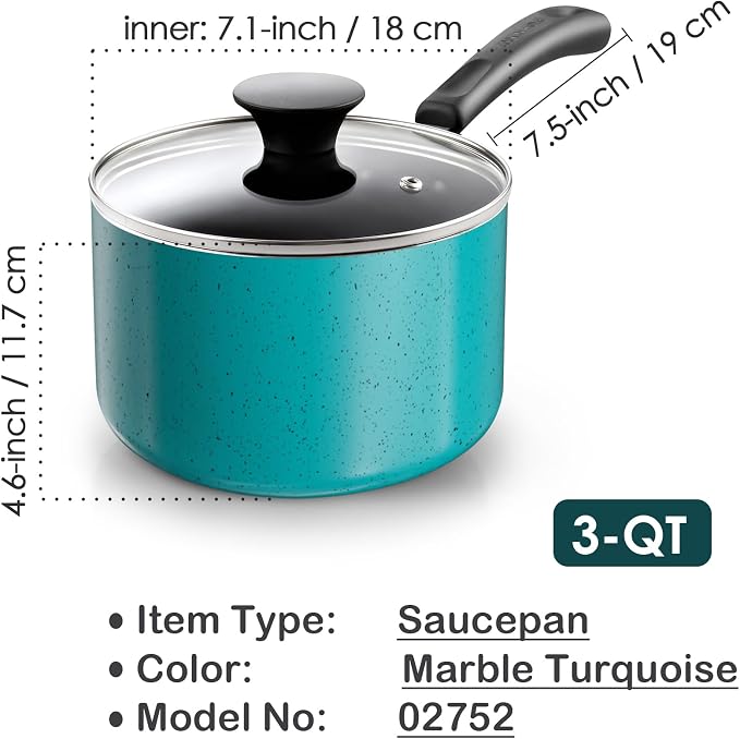 Cook N Home Basic 3 Quart Nonstick Saucepan with Glass Lid, Non Stick Aluminum Sauce Pan, Multi-Purpose Milk Chocolate Cooking Pot with Stay-Cool Handle, Turquoise | Nonstick Aluminum Sauce Pan, Multi-Purpose Milk Chocolate Cooking Pot with Stay-Cool H...