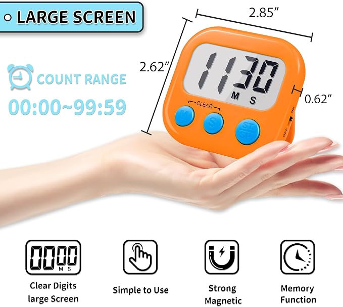 Timer for Kids Digital Kitchen Timers for Cooking- 4 Pack Orange Green | Countdown Timer for Classroom Study Exercise Teacher Supplies, Strong Magnetic, Loud Alarm, Large Screen, Fast Reset, Memory