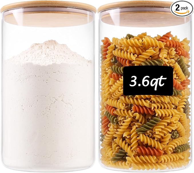 2pcs Glass Food Storage Containers with Bamboo Lids, 3.6qt Glass Jars | Extra Large Airtight Pantry Storage Jars for Flour, Sugar, Bulk Dry Goods