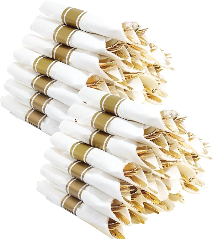 400PCS Gold Wrapped Silverware Disposable Fancy for Parties Weddings | Pre-Rolled and Individually Wrapped, 100 Guests, Durable and Sturdy, BPA free, Includes Matching Napkins, for Elegant Dinners