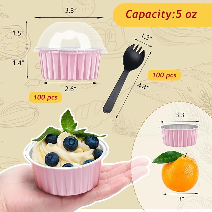 LNYZQUS 5oz Cupcake Pans with Dome Lids 100 Pack, Foil Dot Cake Cups | Mini Cake Tins, Cupcake Containers, Disposable Ramekins, for Baking and Packaging, for Bake Sale, Round Pink