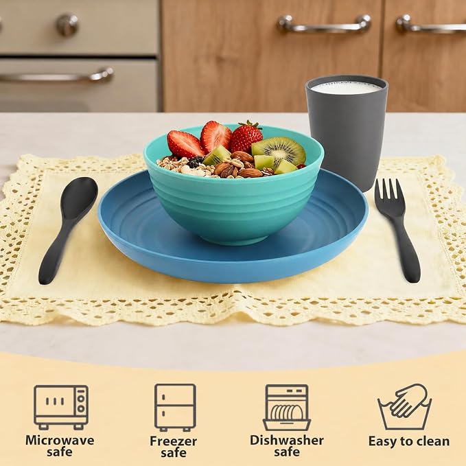 20PCS Plastic Dishes Set for 4, Unbreakable Wheat Straw Plates and Bowl Set | Lightweight Outdoor Dinnerware sets for RV, Camping, BBQ - Calm Tones