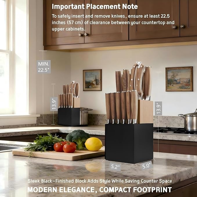 Kangdelun Ultra Sharp 14-Piece Kitchen Knife Set, High Carbon Stainless Steel Blades, Torrefied Brown Wood Handles, Ergonomic Design, Space-Saving Black-Finished Wood Block, Easy Hand Wash, Gift Box