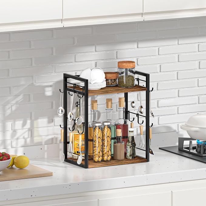 Dorhors Coffee Bar Organizer,Mug Holder,Station Organizer Kitchen Counter | 2 Tier Rustic Brown Wood Coffee Bar Accessories with 12 Hooks,Countertop Shelf for Mug,Syrup and Accessories