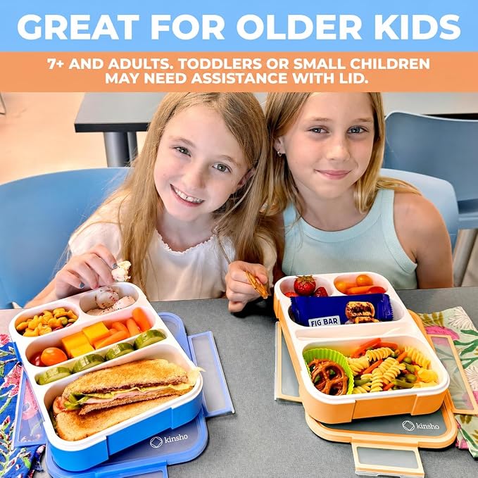 kinsho Bento-Box For Adults Or Kids, Lunch-Boxes Portion Control Container For Women Men Girls Boys | Leakproof Snack Containers For School Bpa Free Utensils 5 Compartments | Blue, Orange