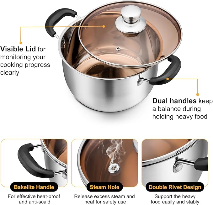 P&P CHEF 6 Qt Stockpot with Lid, Stainless Steel Stock Pot, 1-Ply Metal | Cooking Pot for Soup Pasta, Heat-Proof Double Handles with Visible Lid, Dishwasher Safe & Healthy Use