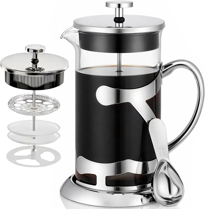 Stainless Steel French Press Coffee Maker 1L, 34oz Heat Resistant Borosilicate Glass Coffee Press with Coffee Measuring Spoon, Manual Brewer for Coffee and Tea