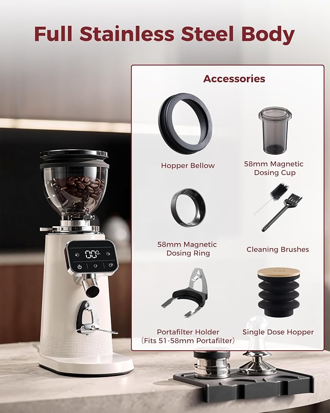 Tuni G3 Commercial 64mm Flat Burr Coffee Grinder, 100 Grind Settings, Ivory | Electric Espresso Grinder with Single Dose, Anti-Static Tech, All-Metal Stainless Steel Body for Drip/Cold Brew/French Press
