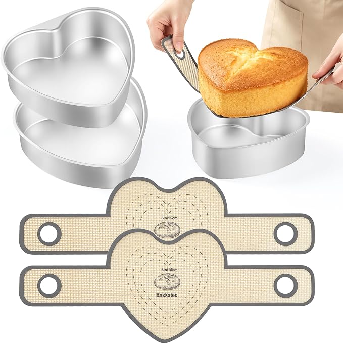 6 Inch Heart Shaped Cake Pan Set with Reusable Silicone Baking Mat（2 Pack） | Aluminum Heart Cake Mold with Silicone Sling, Nonstick, Heat Resistant, Easy to Clean & Release, for Kitchen Birthday Wedding