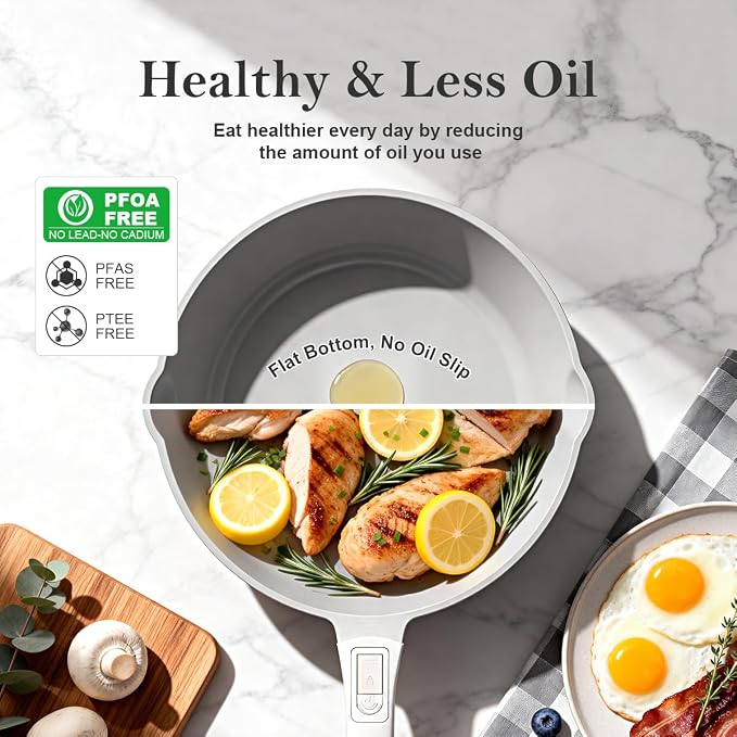 AIKENBBKK 12 Inch Deep Frying Pan Skillet with Lid, Non Stick Ceramic Frying Pans, 5 QT Nonstick Saute Pan with Detachable Handle, Compatible with All Stoves, Oven Safe, PTFE & PFAS-Free, White