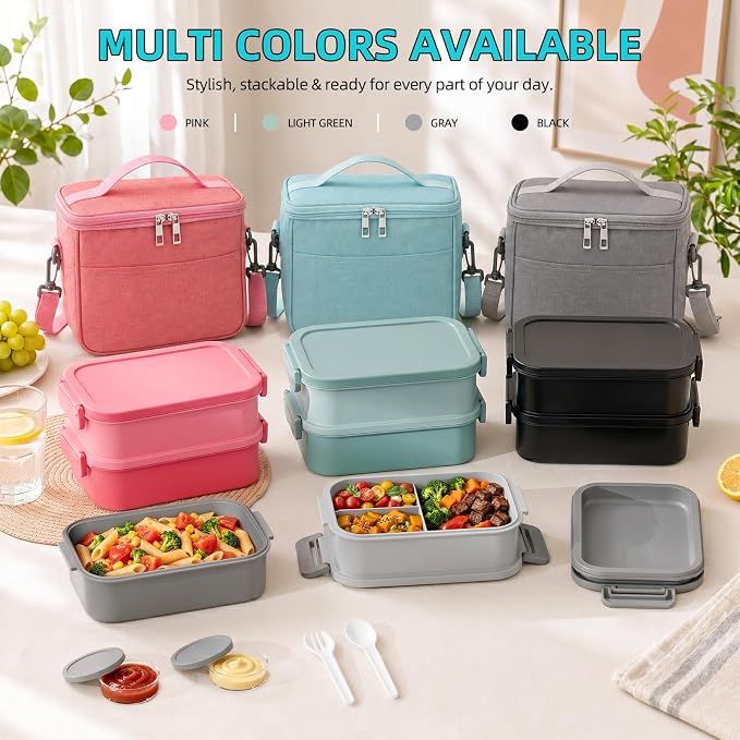 Bento Box Adult Lunch Box - 2130ml Lunchbox for Men Women with Insulated Lunch Bag, Utensils & Sauce Container, Leak Proof Bento Box Reusable Plastic Lunch Containers for Work, Meal Prep, Green