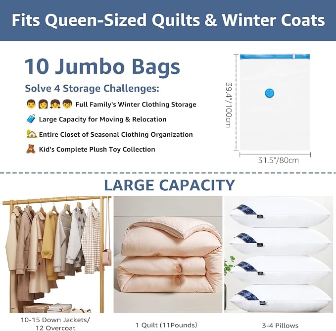 BoxLegend 10 Jumbo Vacuum Storage Bags with 1500mAh USB Electric Pump 31.5’’x39.37'' Thickened Vacuum Seal Bags for Large Down Jackets Comforters Bedding & Pillows Clothing Space-Saving Home Storage