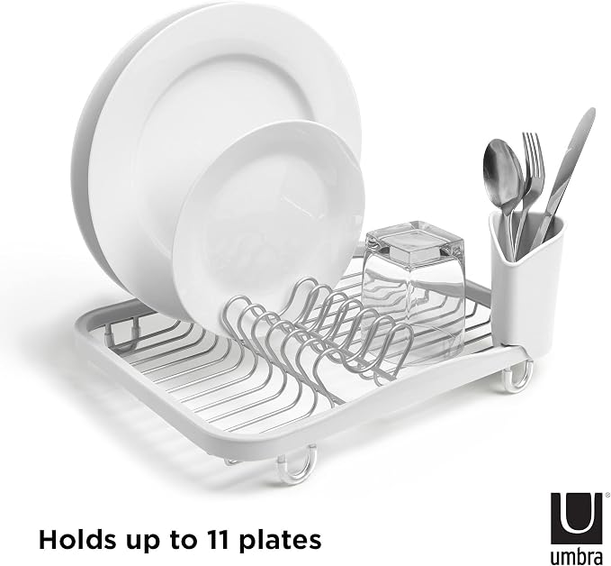 Umbra Sinkin Dish Drying Rack, in Sink or Countertop Drainer, White/Nickel | Removable utensil holder, non slip rubber feet, fits standard sizes, coated wire and plastic