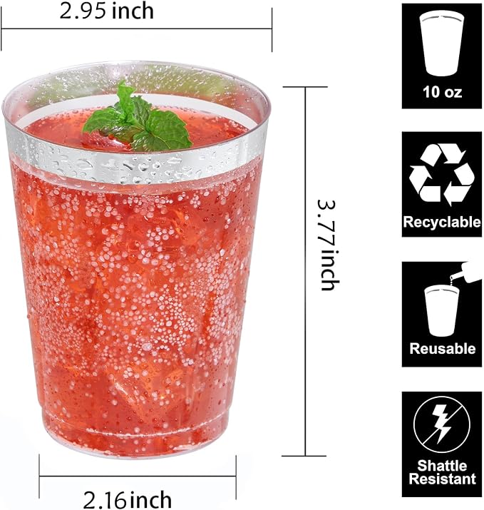 I00000 100PCS Silver Plastic Cups,10 oz Clear Plastic Cups with Silver Trim, Heavy-Duty Disposable Hard Cup For Party, Premium Cup Perfect for Wedding & Party