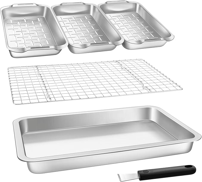VIKEYHOME Grill Carry System, 6-Piece Stainless Steel Large Food Prep Tray, 16.5" x 11" Pan, Outdoor Grill with Cooling Rack for Vegetables, Fish, Meat, Great Grilling Gifts for Men | 16.5" x 11" Pan, Outdoor Grill with Cooling Rack for Vegetables, Fis...