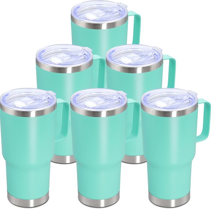 20 oz Tumbler with Handle Coffee Tumblers with Lid Travel Mug Light Blue 6P | 20oz Tumblers with Handle Double-Wall Insulated Vacuum Coffee Mugs Stainless Steel Tumbler with Handles&Lid Light Blue 6P