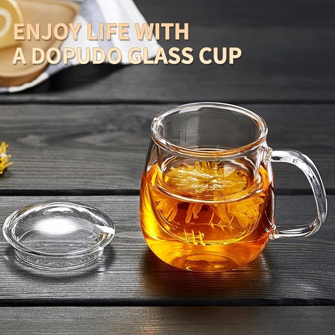 DOPUDO Large Glass Tea Cup, 34 oz Borosilicate Glass Tea Mug with Infuser and Lid, 1000ML Clear Tea Cups for Brewing Scented Tea and Tea Bag.