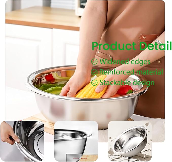 WUWEOT 3 Pack 10 Quart Large Mixing Bowl, Stainless Steel Oversized Salad Bowls, All-Purpose Metal Serving Basin for Home Commercial Prepping Baking Marinating Cooking Brining Mixing