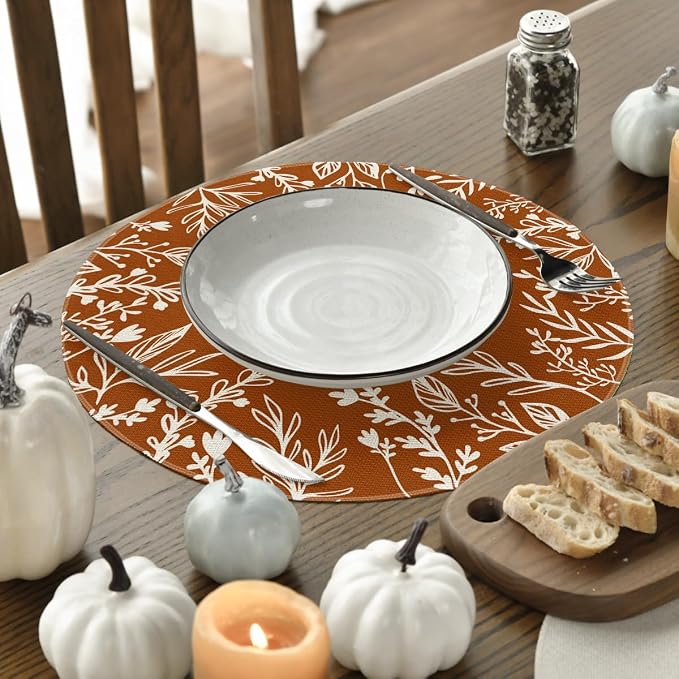 Artoid Mode Rust Eucalyptus Leaves Round Fall Placemats Set of 4-14 Inch | Heat-Resistant, Washable Table Mats, Seasonal Autumn Kitchen Dining Decor