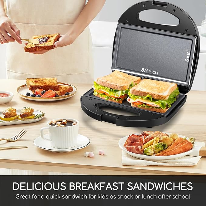 Aigostar Sandwich Maker Flat with Non-stick Deep Grill Surface, Black | 750W, Cool-Touch Handle, Overheat Protection, Compact Electric Grill for Egg, Ham, Steak, Tostadora de Pan, ETL Certificated