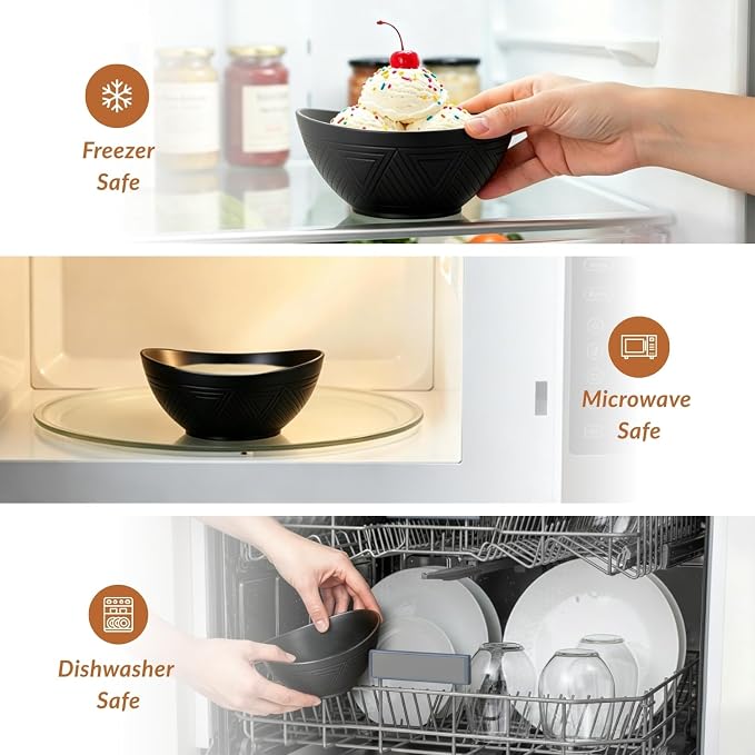 Wheat Straw Bowls 10 OZ Small Bowls Unbreakable Small Serving Bowls for Ice Cream, Snack, Dipping Side Dishes, Yogurt Microwave & Dishwasher Safe Oval Bowls for Camping, Dorm (6 PCS, Black)