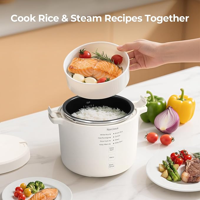Narcissus Rice Cooker with Removable PFAS-Free Nonstick Pot, 3.5-Cup Capacity for 1-3 People, Multifunctional for Rice, Oatmeal, Quinoa, Slow Cook, Steam, Can Steam & Cook Simultaneously, Rice White