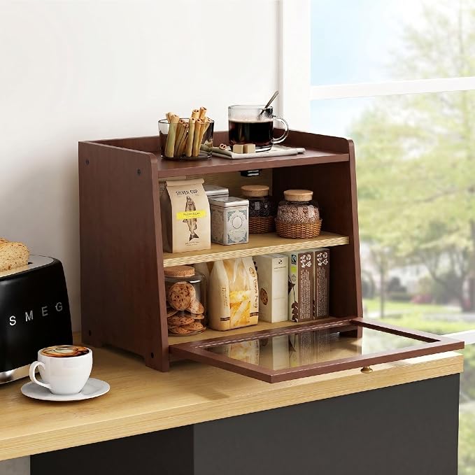 Goozii 2 Tier Bread Box for Kitchen Countertop, Double Layer Breadbox | Dark Brown Bamboo Wood | Storage Cabinet for Homemade Bread | Wooden Walnut