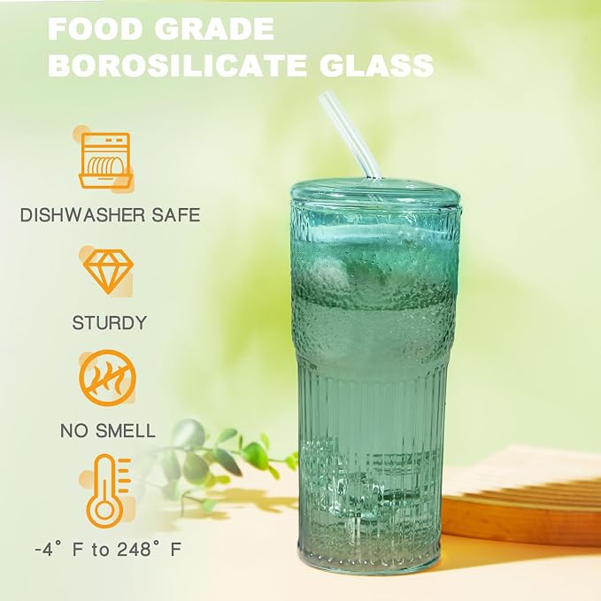 JunVpic Glass Coffee Tumbler, 20 oz Glass Cup with Lid and Straw | Green glass design, Hammered Texture, reusable straw and lid for iced coffee, tea, smoothies and hot & cold drink