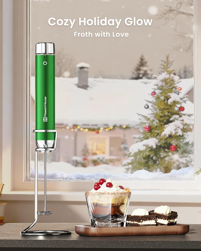 Maestri House LunaFro Max Rechargeable Milk Frother,Stepless Speed Control | 2000mAh lithium battery Frother Handheld, IPX6 Electric Drink Mixer with Stand & 2 Detachable Whisks for Lattes, Cappuccino