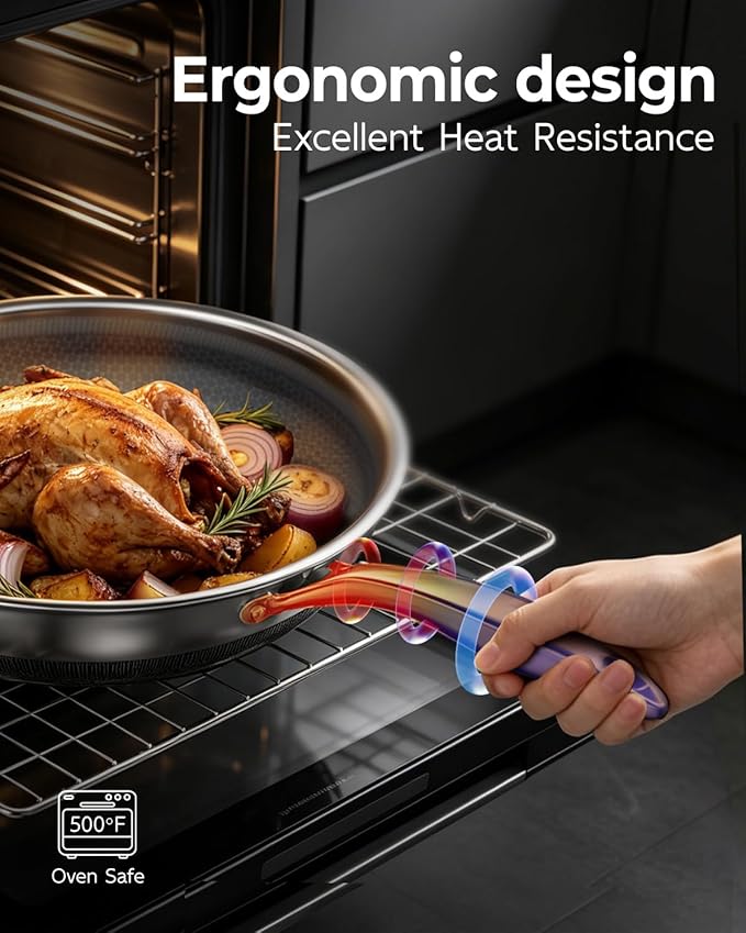FogDream 10 Inch Stainless Steel Frying Pan with Lid, Honeycomb Hybrid Nonstick Skillet for Induction & All Cooktops, PFAS/PFOA/PTFE Free, Oven Safe to 500°F, Stay-Cool Handle, Dishwasher Safe, Gold