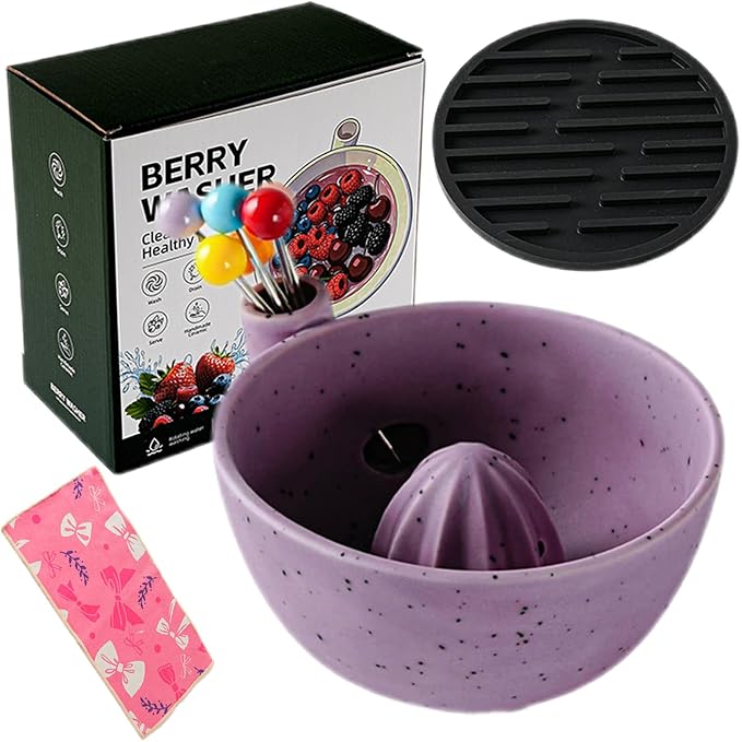 Self Spinning Ceramic Berry Washing Bowl with Drain Holes, 5.5'' Kitchen Fruit Washer Spinner Bowl with Fruit Fork and Waterproof Pad (Small-Purple)