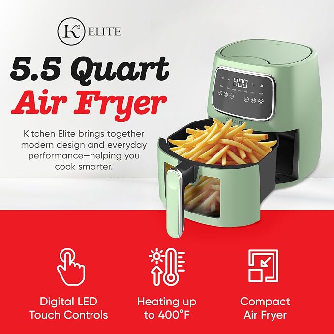 Kitchen Elite Cpuntertop Digital Air Fryer with LED Screen, Green, 5.5 Qt